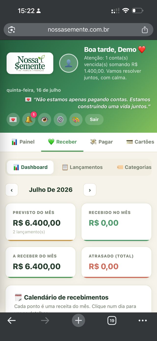 Tela de recebimentos